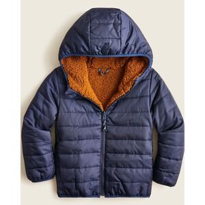 J.Crew Kids Reversible Sherpa Puffer Jacket Boys 14 Navy Fleece Lined AQ849